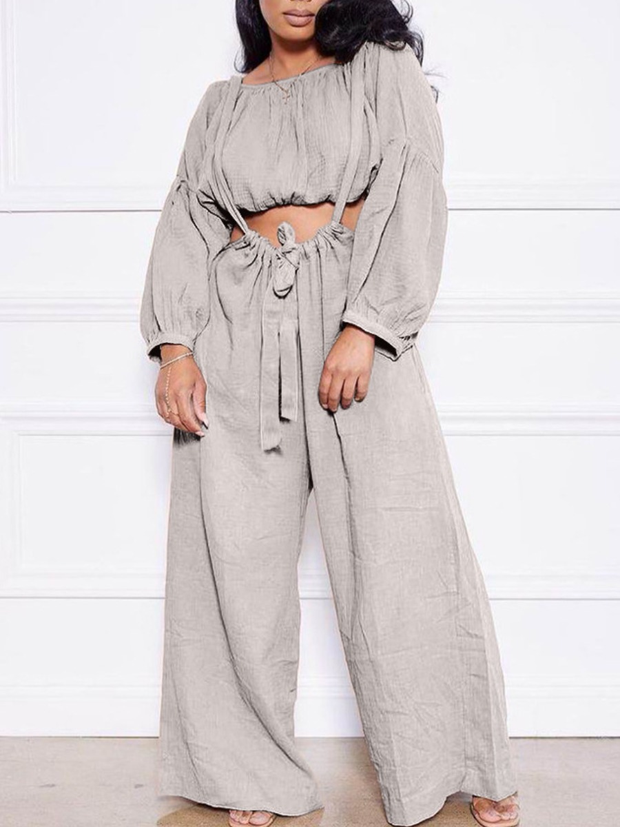 

LW COTTON Drawstring Overall Wide Leg Pants Set, Grey