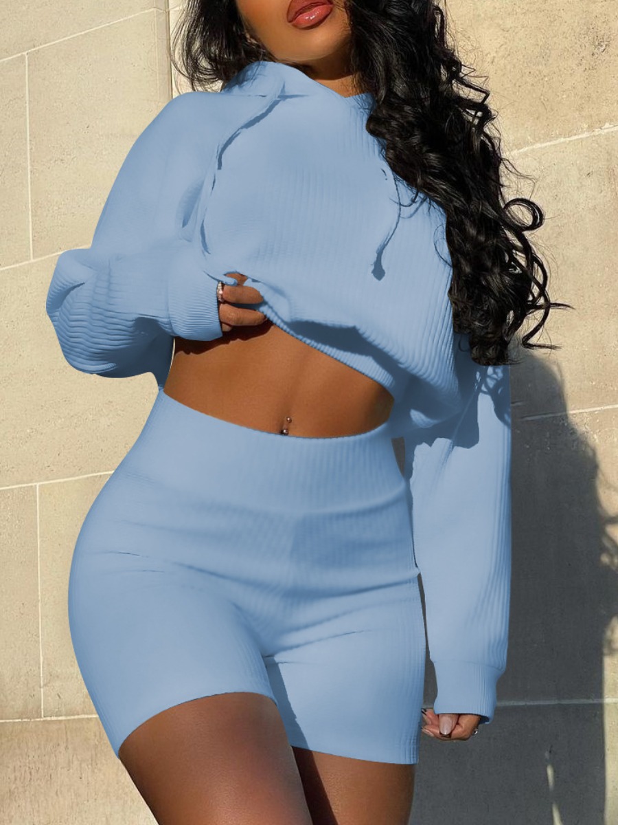 

LW Sweat Hooded Collar Crop Top Tracksuit Set, Blue