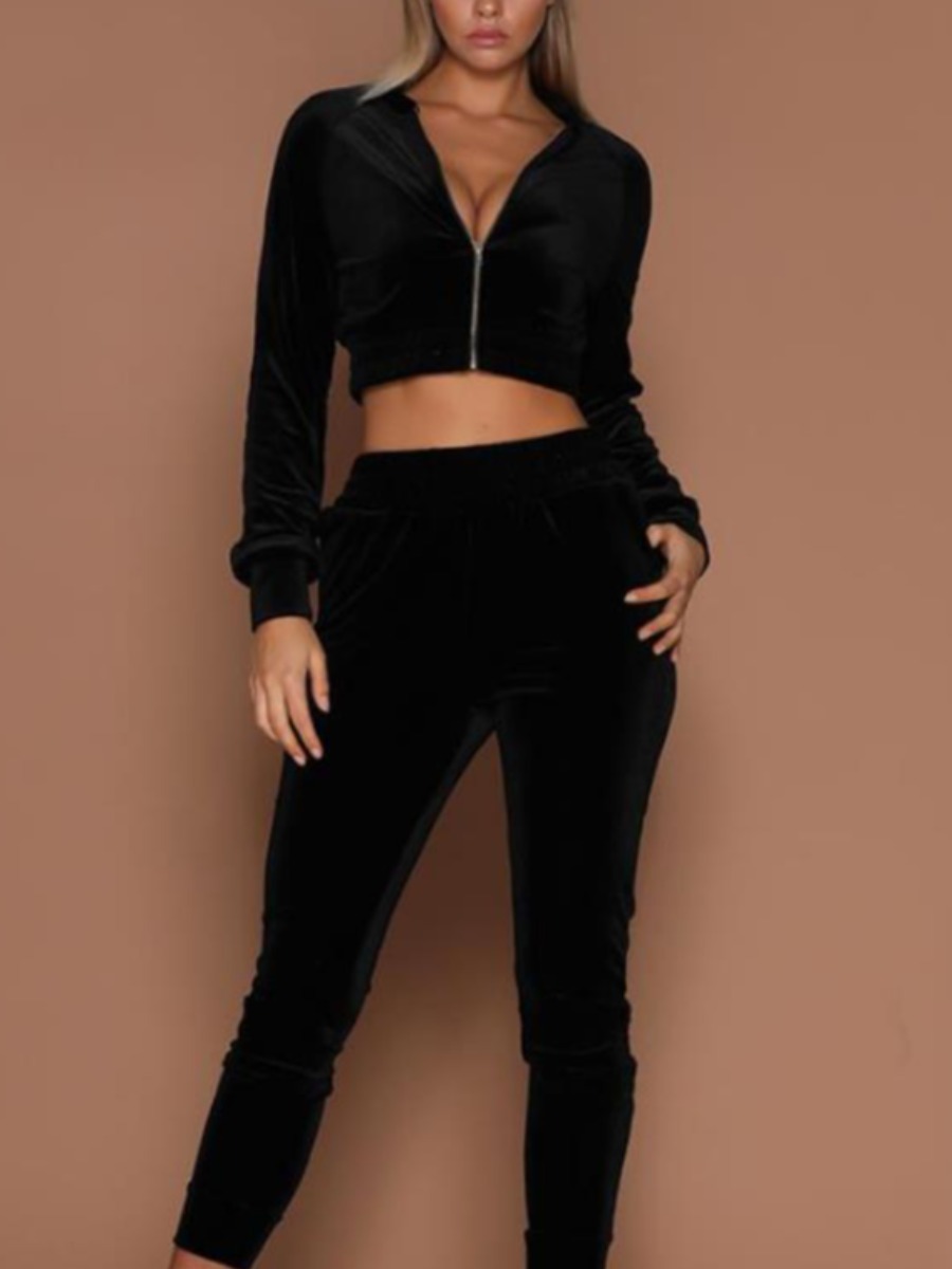 

LW BASICS Velvet Zipper Design Crop Top Tracksuit Set, Black