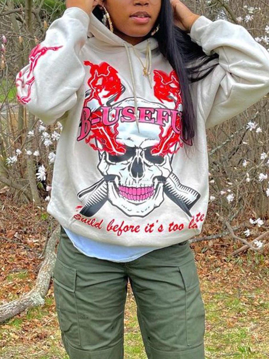 

LW BASICS Polyester Skull Head Print Loose Sweatshirts&Hoodies, Grey