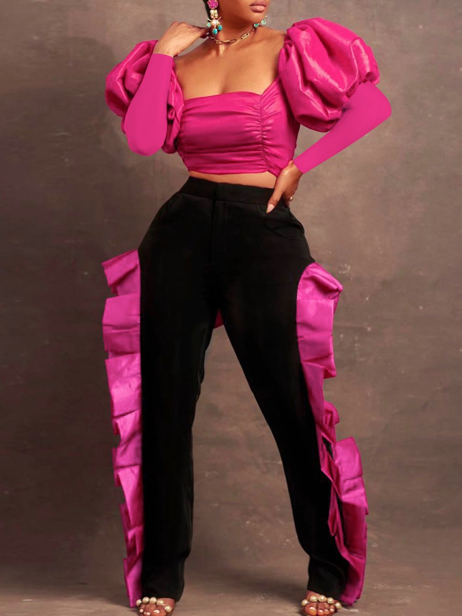 

LW SXY Tie Back Puff Sleeve Pants Set, Rose red