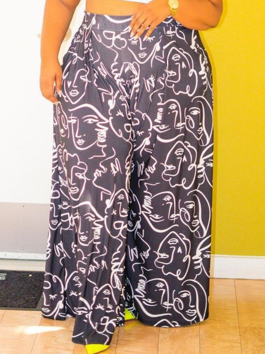 

LW Plus Size Figure Print Wide Leg Pants, Black