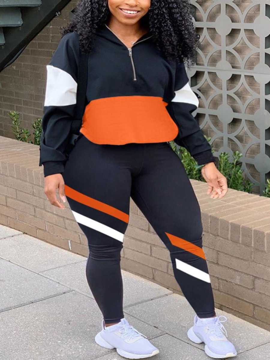 LW Plus Size Striped Patchwork Zipper Design Tracksuit Set