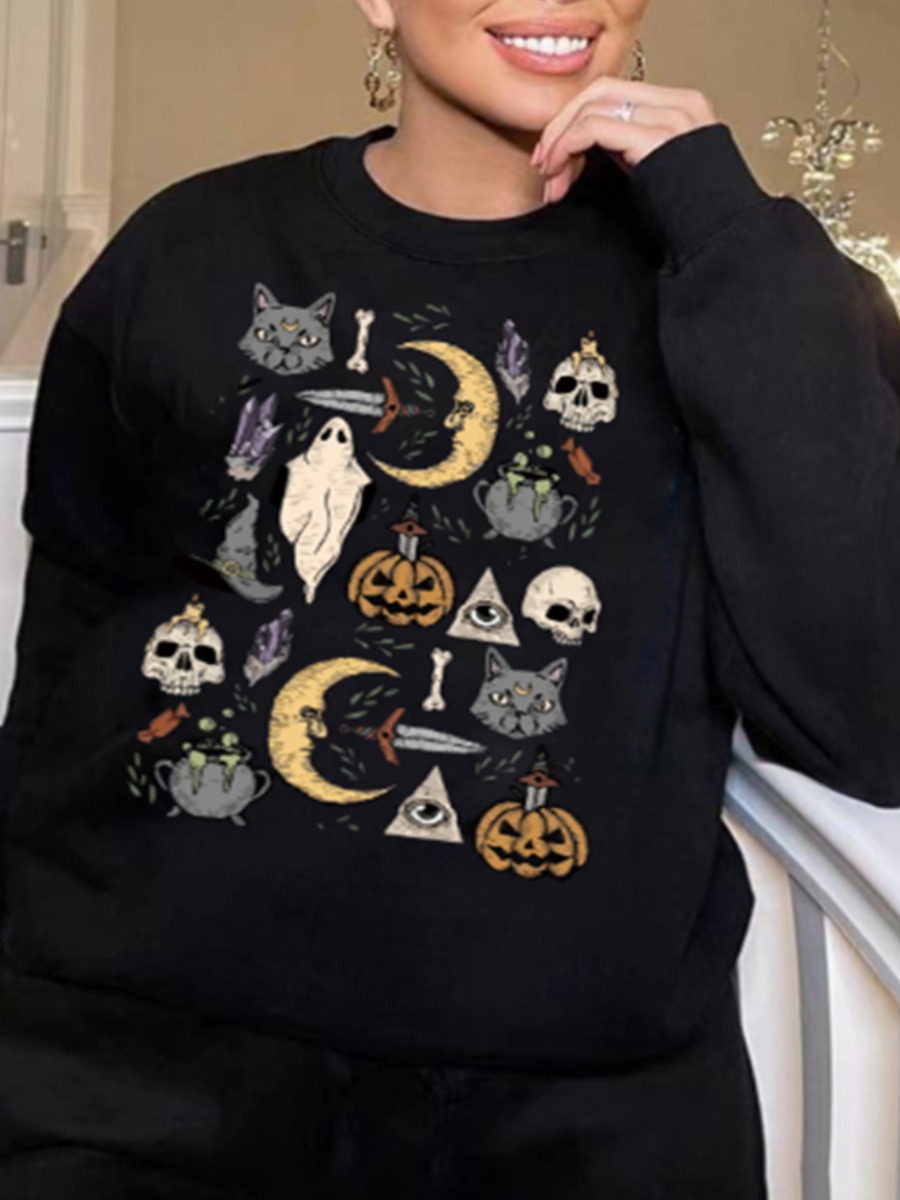 

LW Plus Size Skull Pumpkin Print Sweatshirt, Black