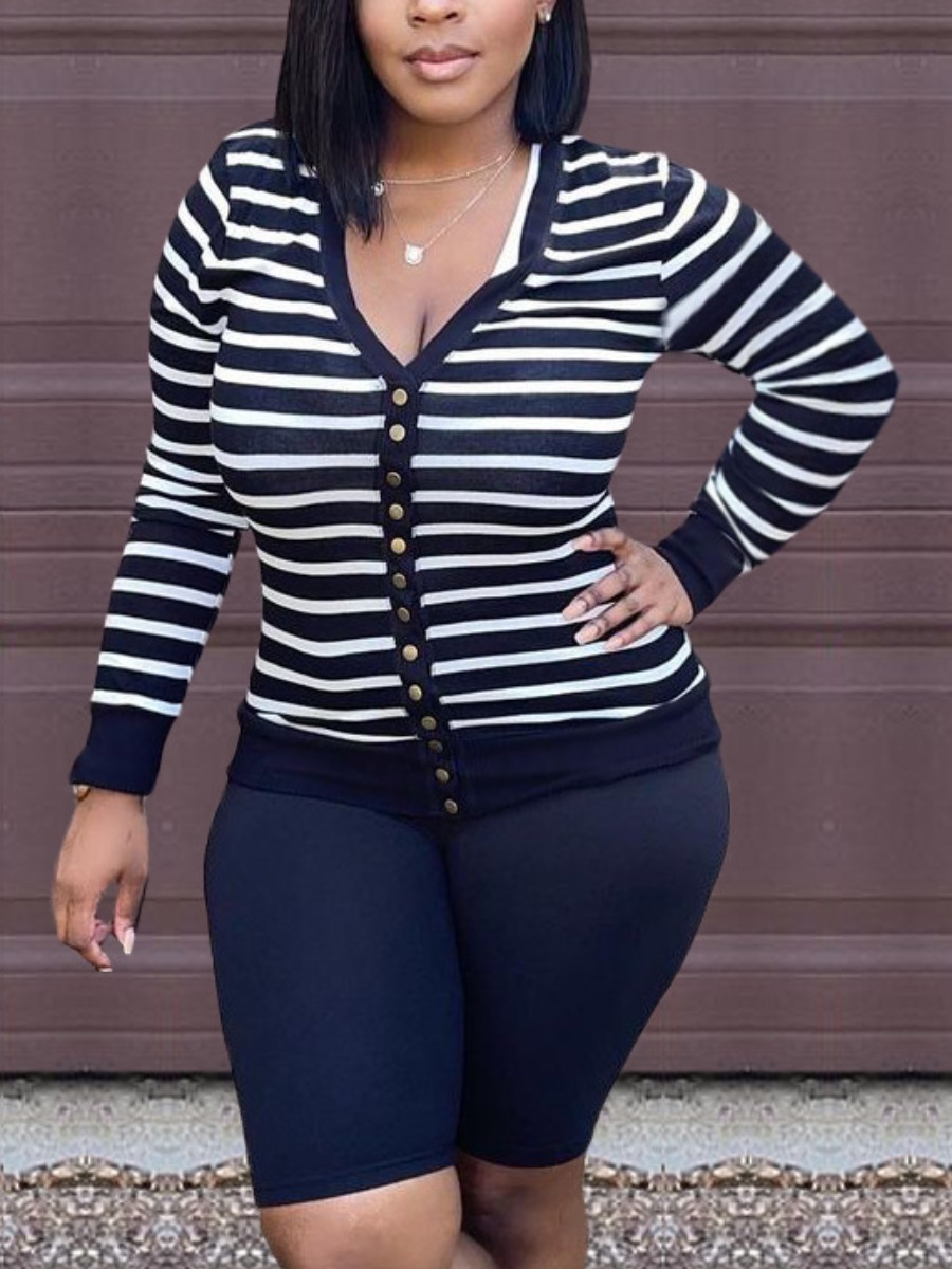 

LW Striped Button Design Shorts Set, Black