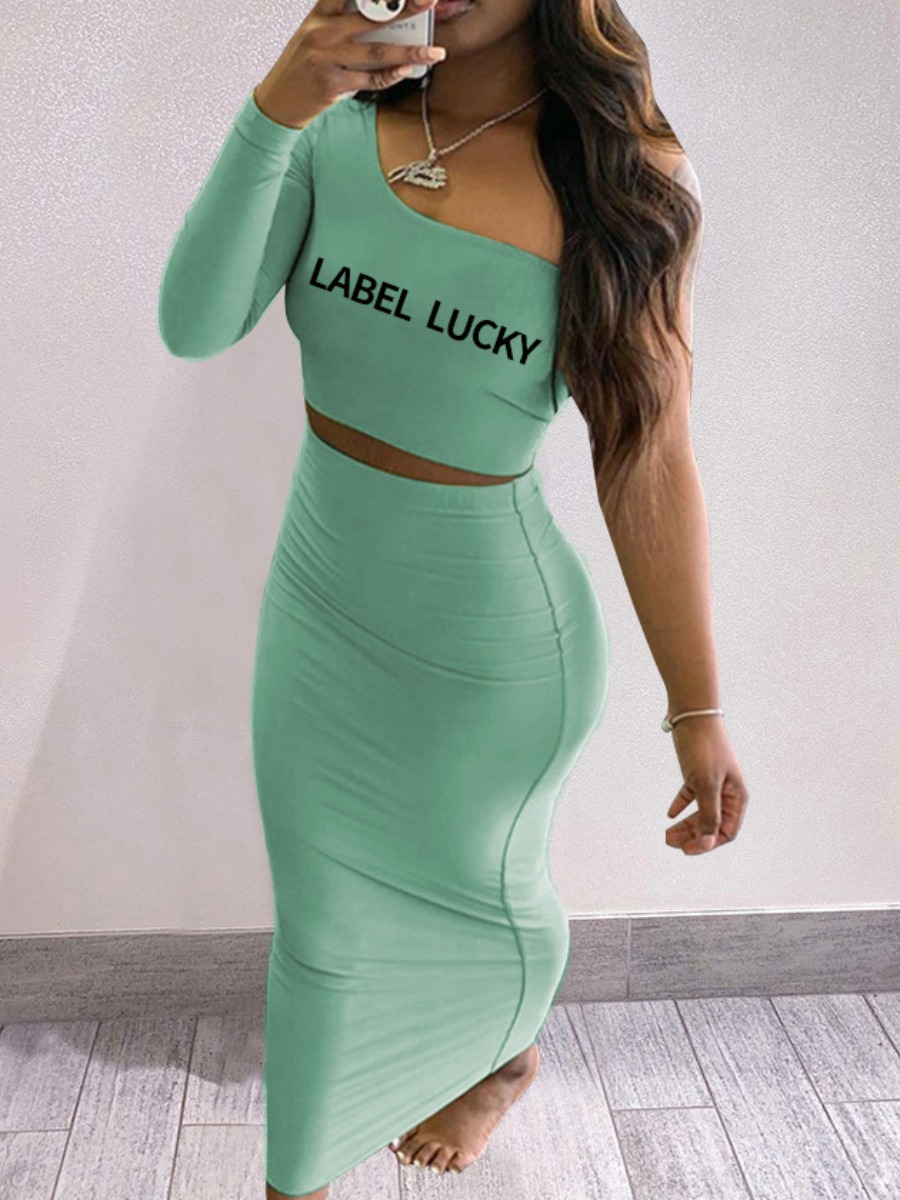 

LW SXY Letter Print Crop Top Skinny Skirt Set, Green