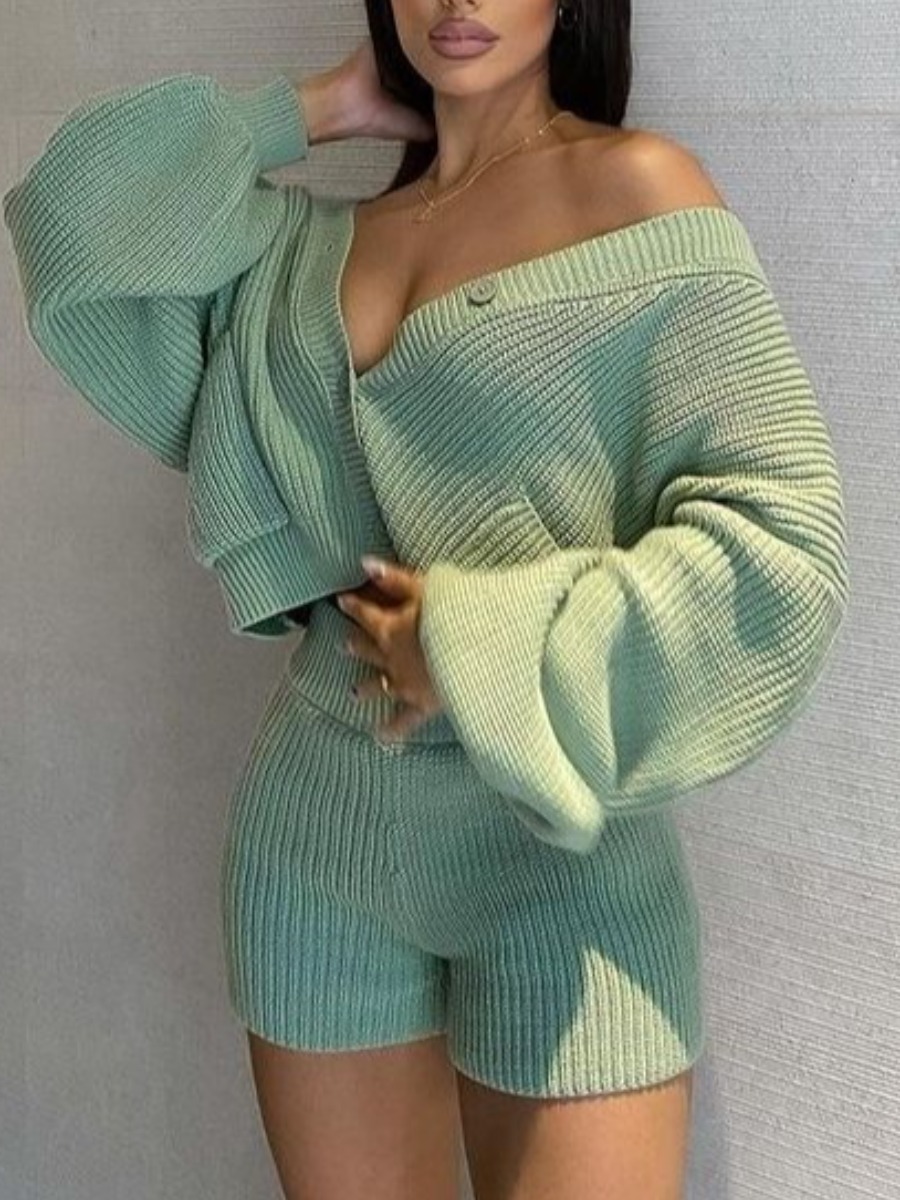 

LW Sweater Button Pocket Design Shorts Set, Green