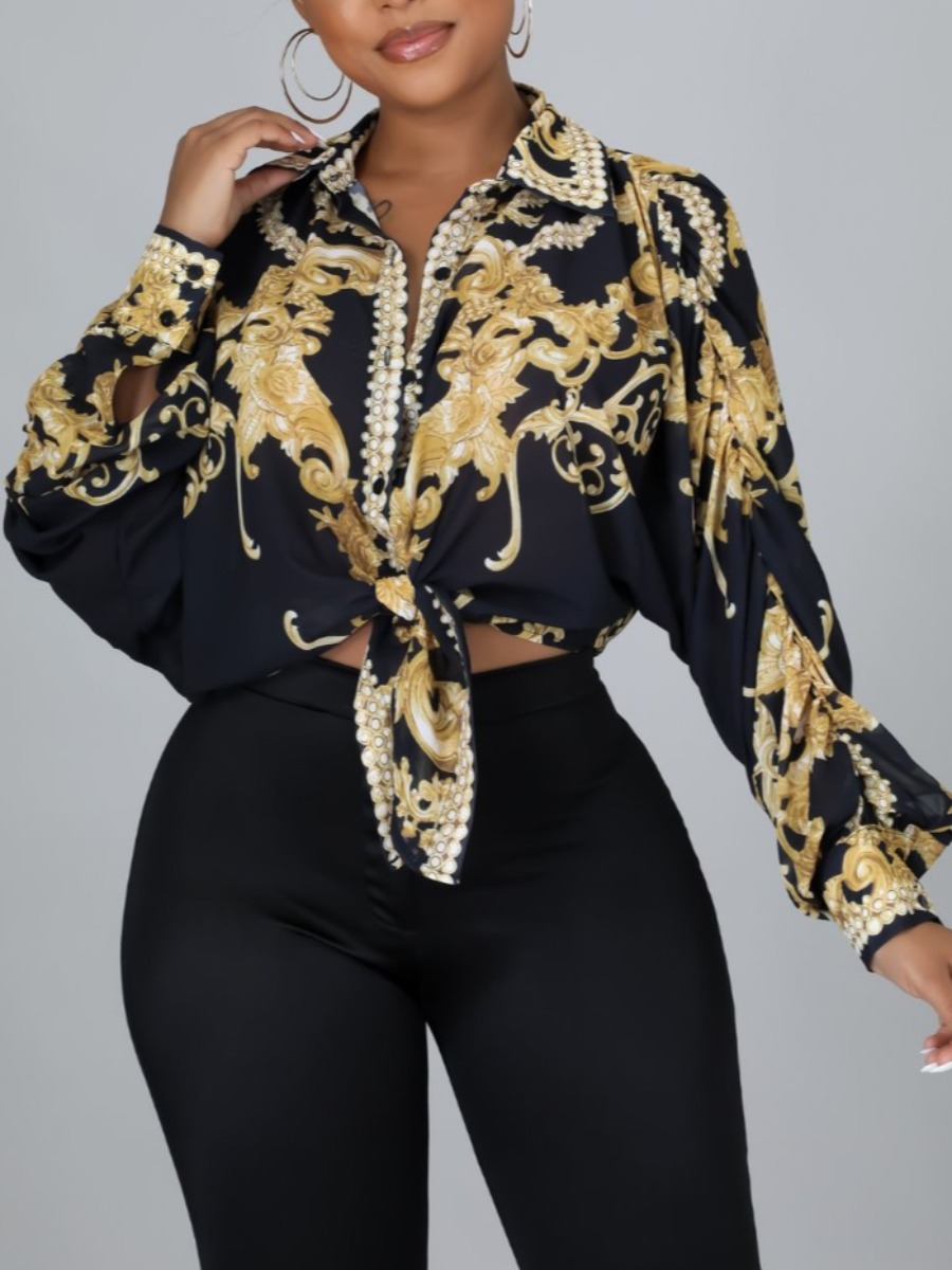 

LW BASICS Turndown Collar Mixed Print Blouse, Black