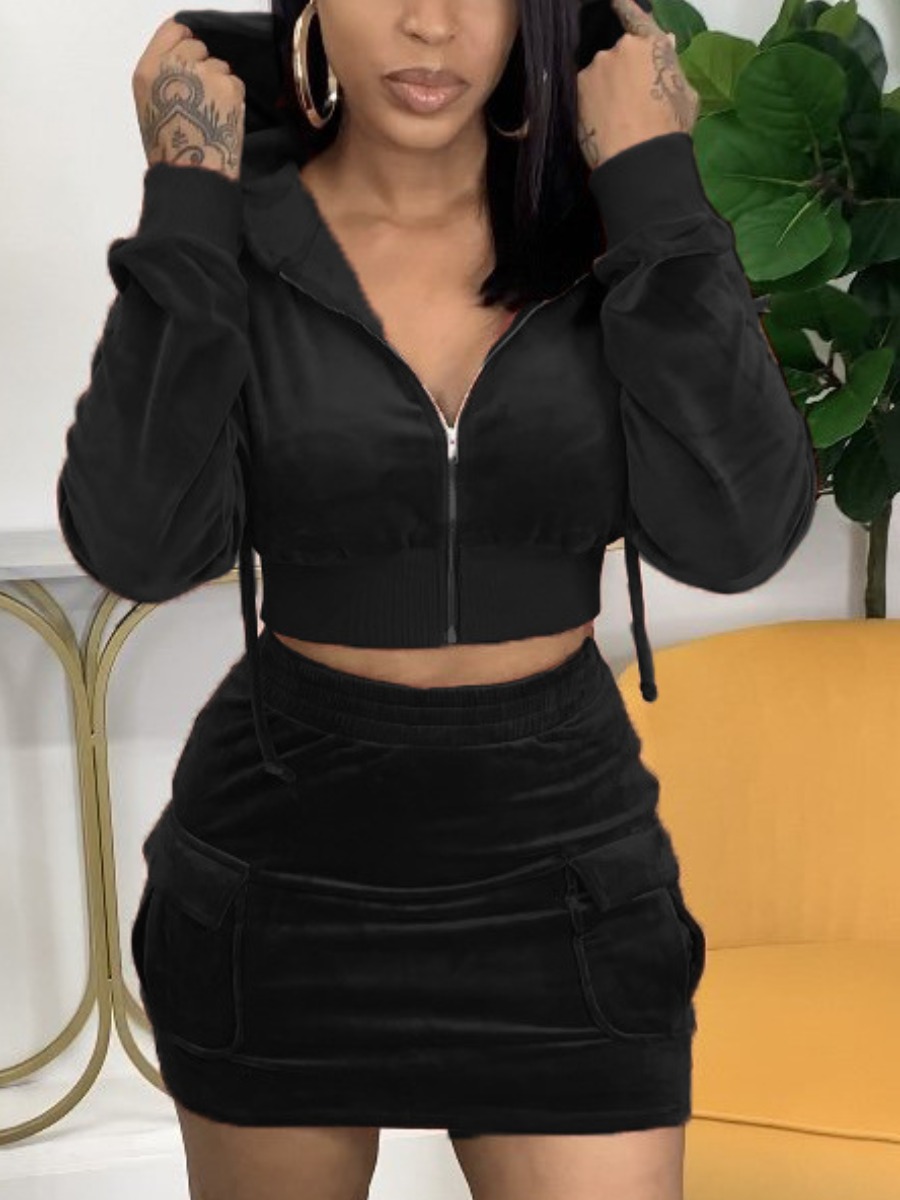 

LW Velvet Zipper Pocket Design Crop Top Skirt Set, Black