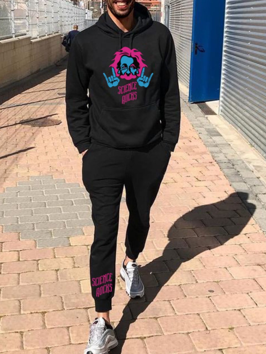 

LW BASICS Men Letter Print Pocket Design Tracksuit Set, Black