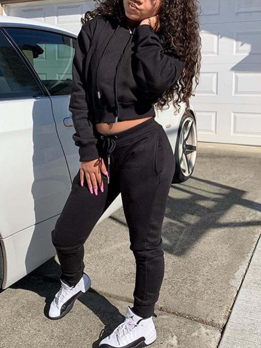 

LW Sweat Drawstring Pocket Design Tracksuit Set, Black