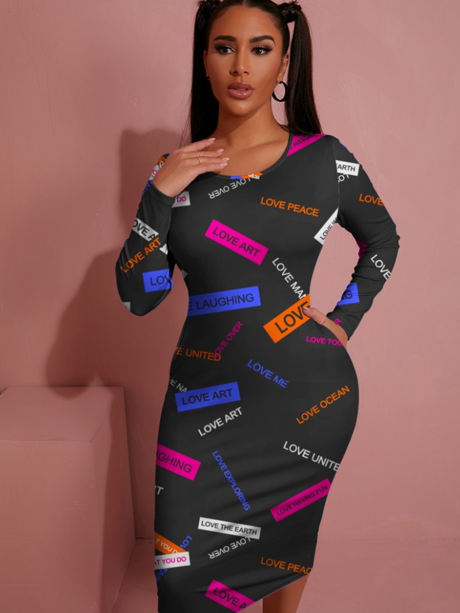 

LW Round Neck Letter Print Bodycon Dress, Black