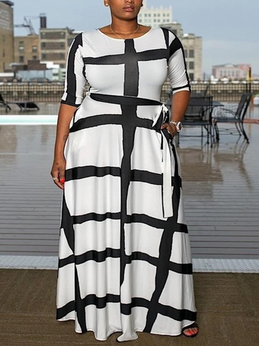 

LW Plus Size Striped Bandage Design Dress, White