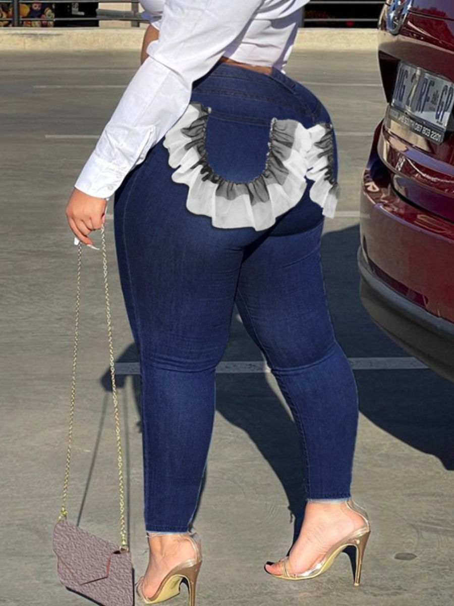 

LW Plus Size Ruffle Decor Skinny Jeans, Deep blue