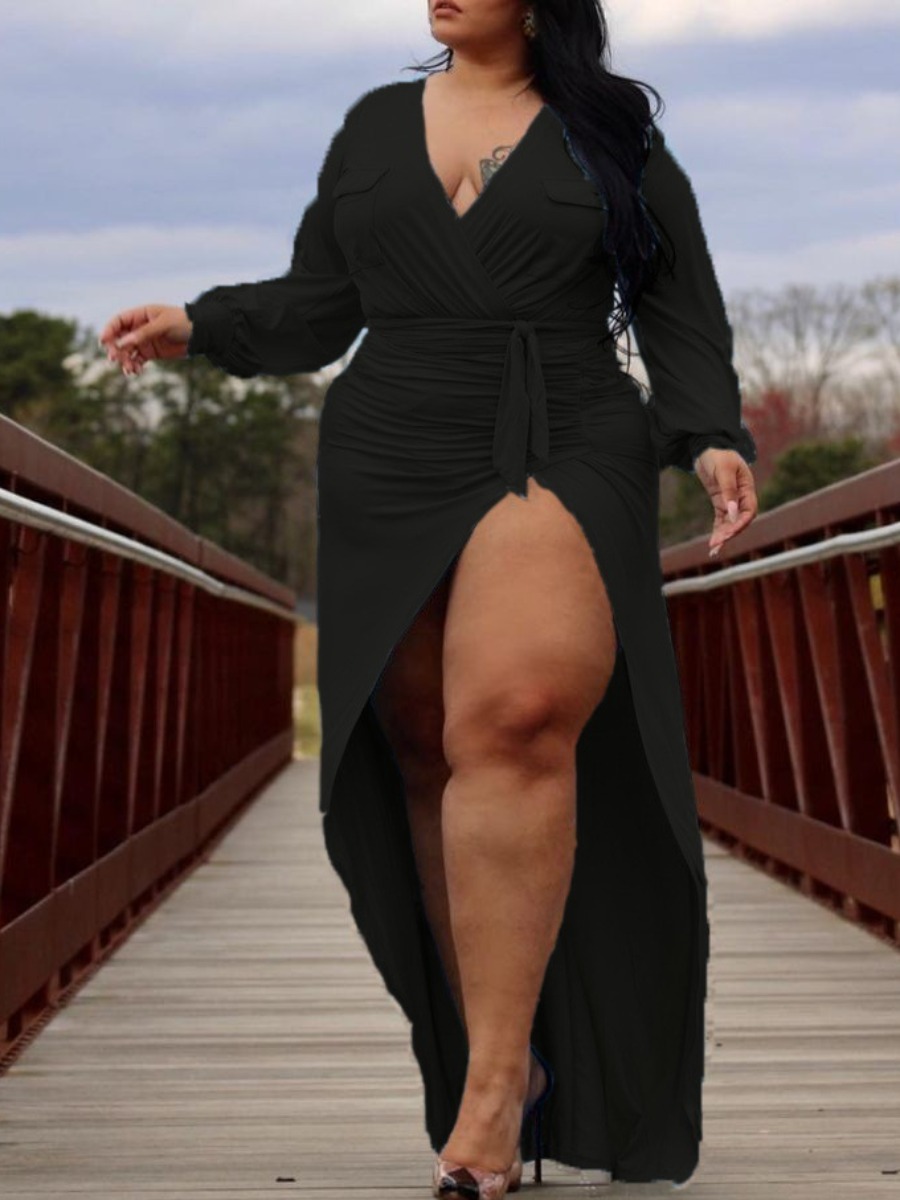 

LW Plus Size Bandage High Split Ruched Dress, Black