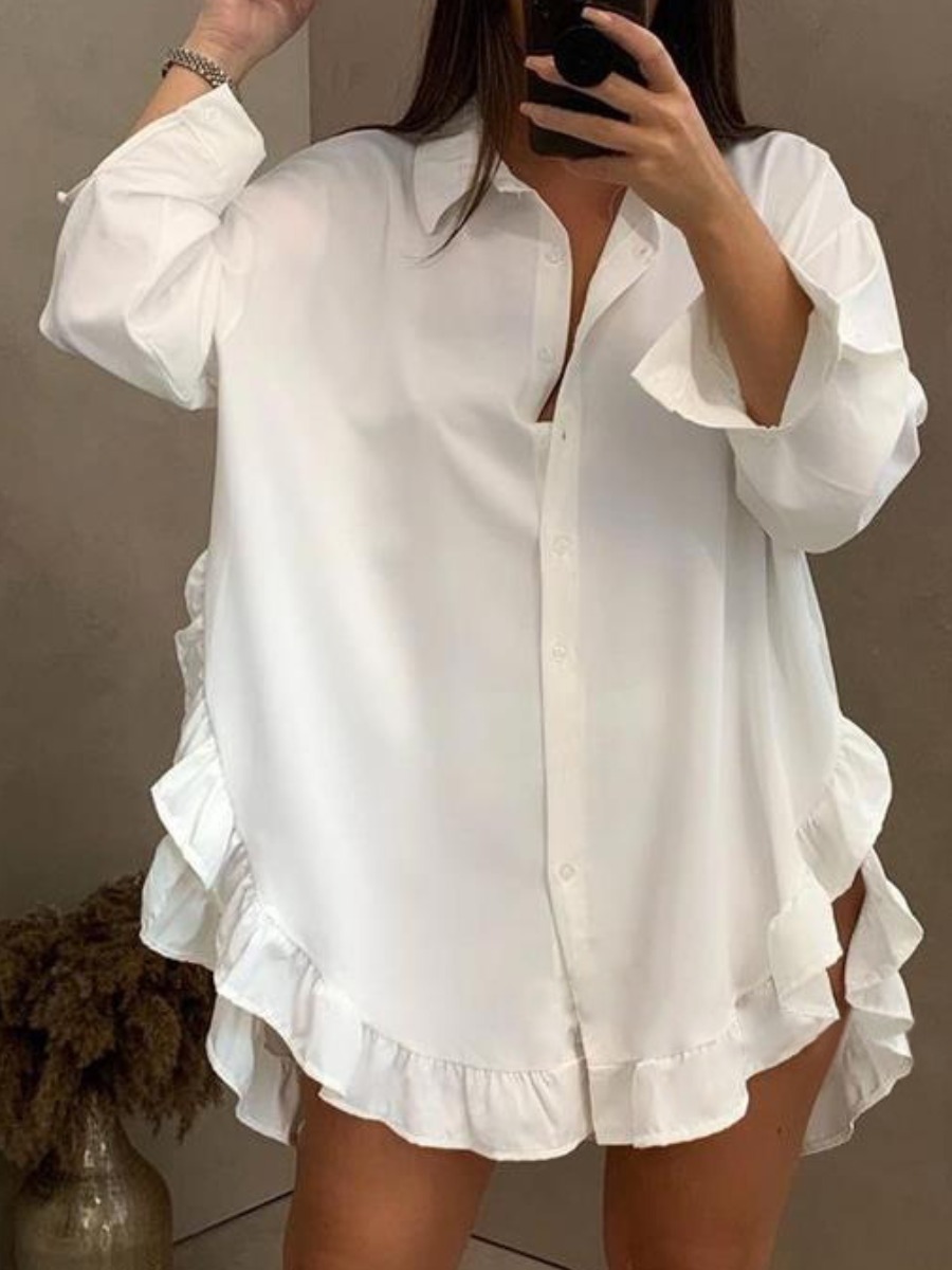 

LW Ruffle Hem Button Design Shirt Dress, White