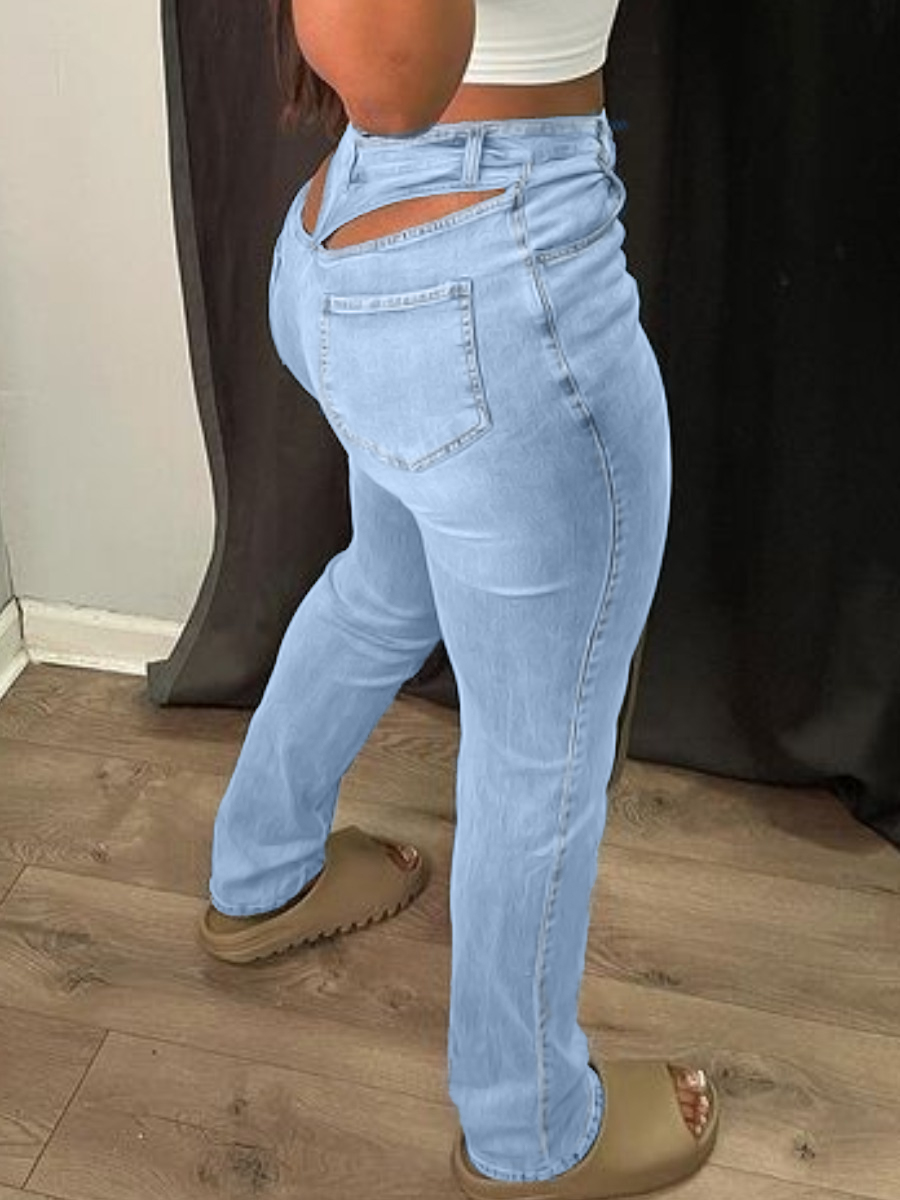 

LW Mid Waist High Stretchy Hollow-out Jeans, Baby blue