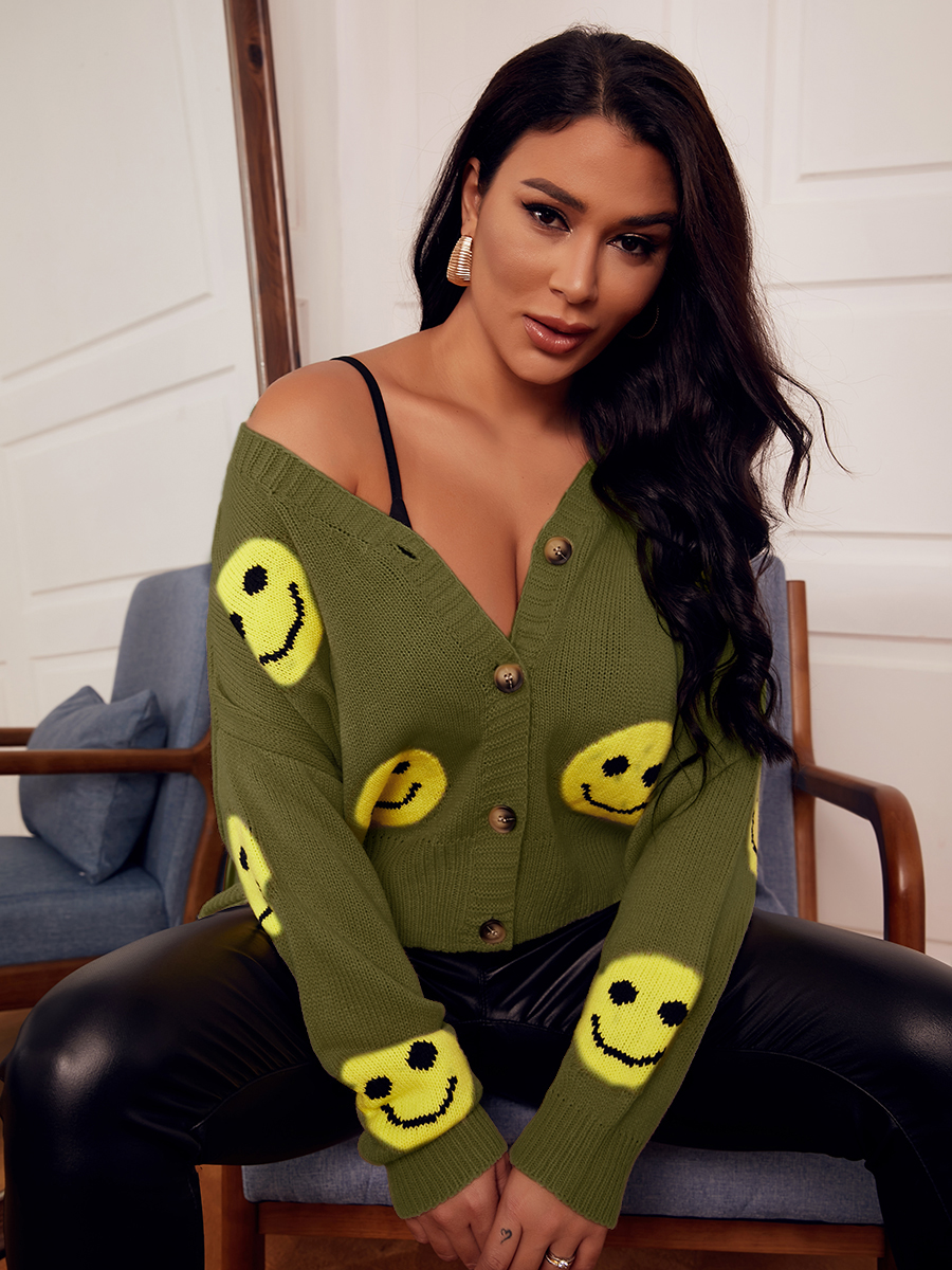 

LW Smiley Print Button Design Cardigan, Green