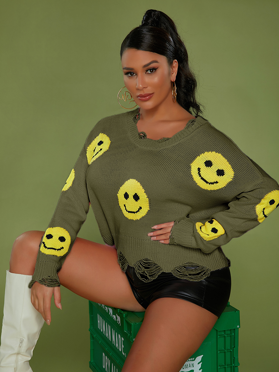 

LW Smiley Print Ripped Sweater, Green