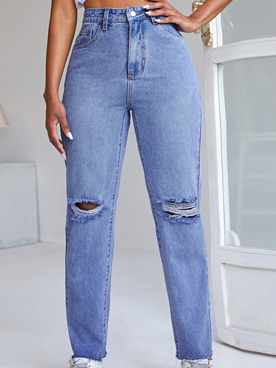 

LW High Waist Ripped Solid Jeans, Blue