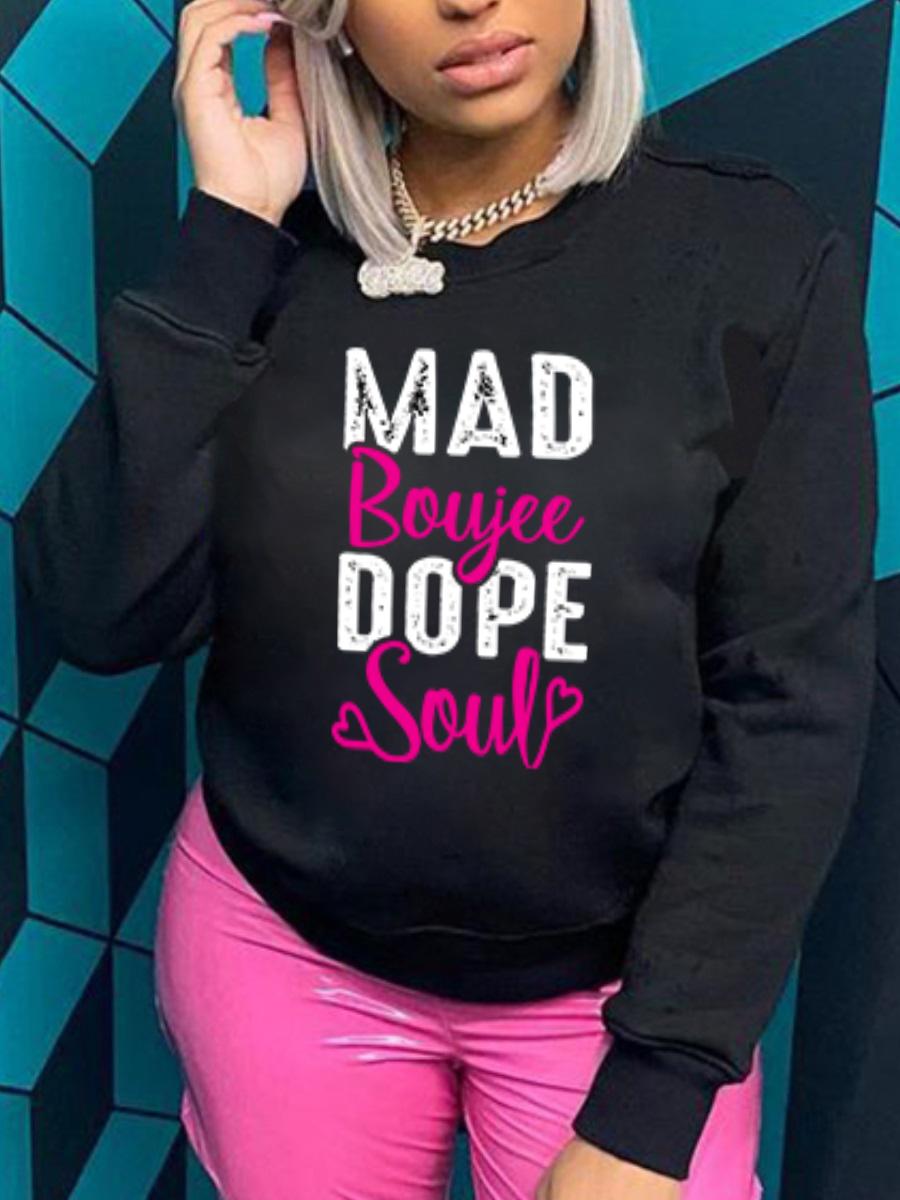 

LW Round Neck Letter Print Sweatshirt, Black