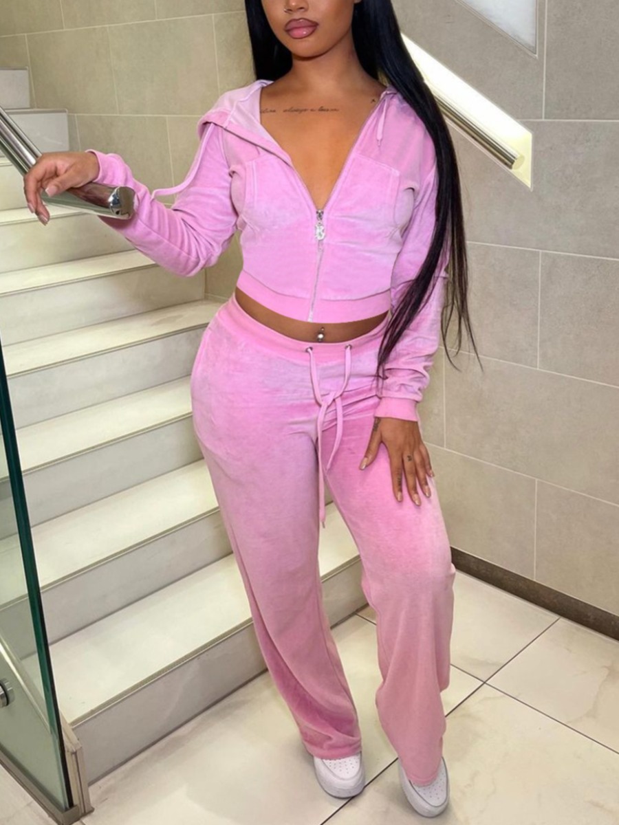 

LW Velvet Zipper Design Crop Top Pants Set, Pink