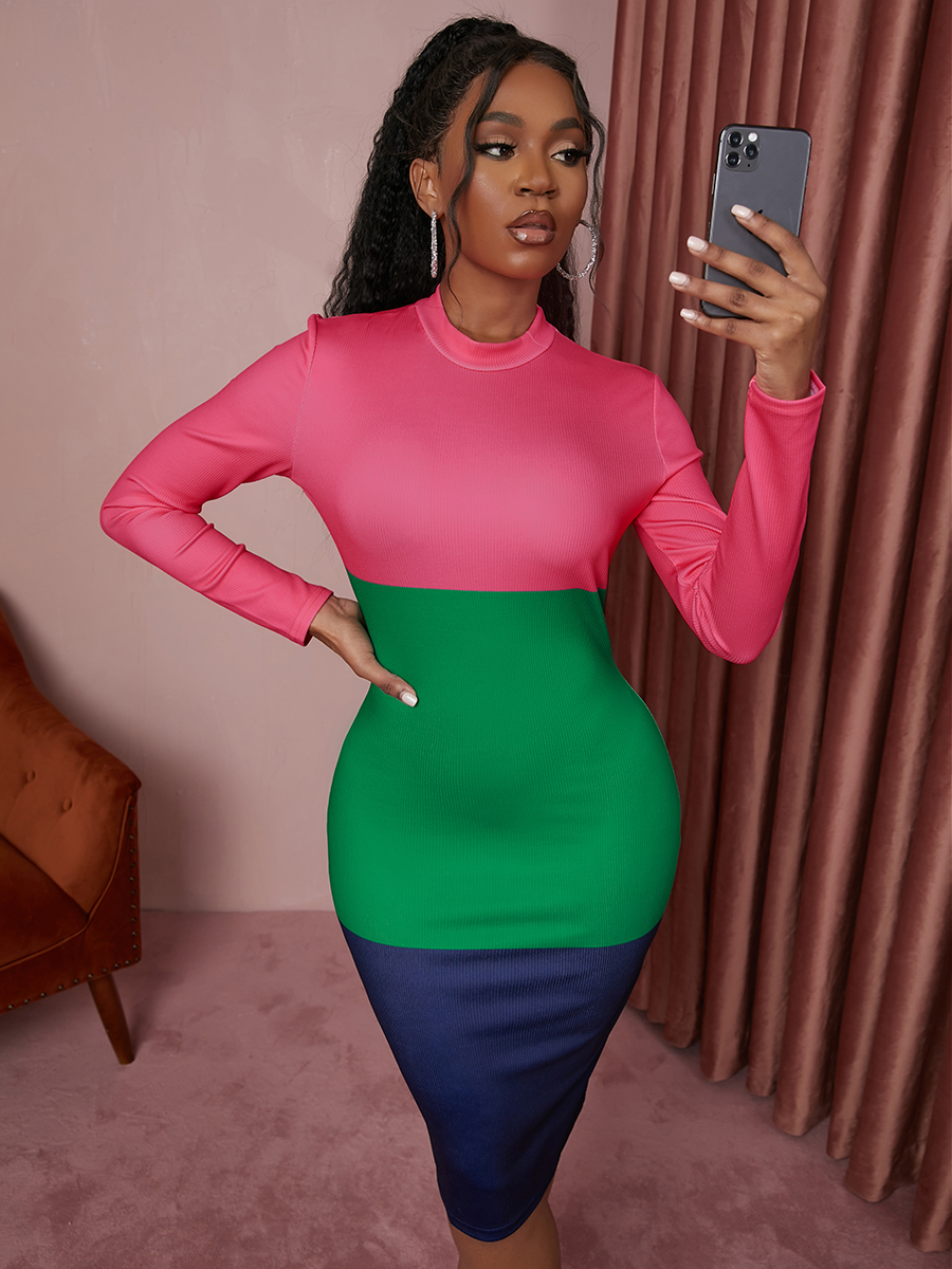 

LW Round Neck Color-lump Bodycon Dress, Watermelon red