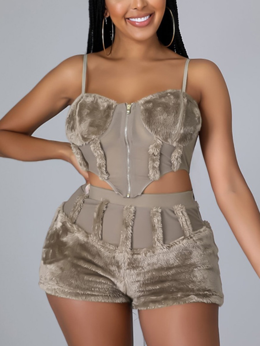 

LW SXY Zipper Design Crop Top Plush Shorts Set, Khaki