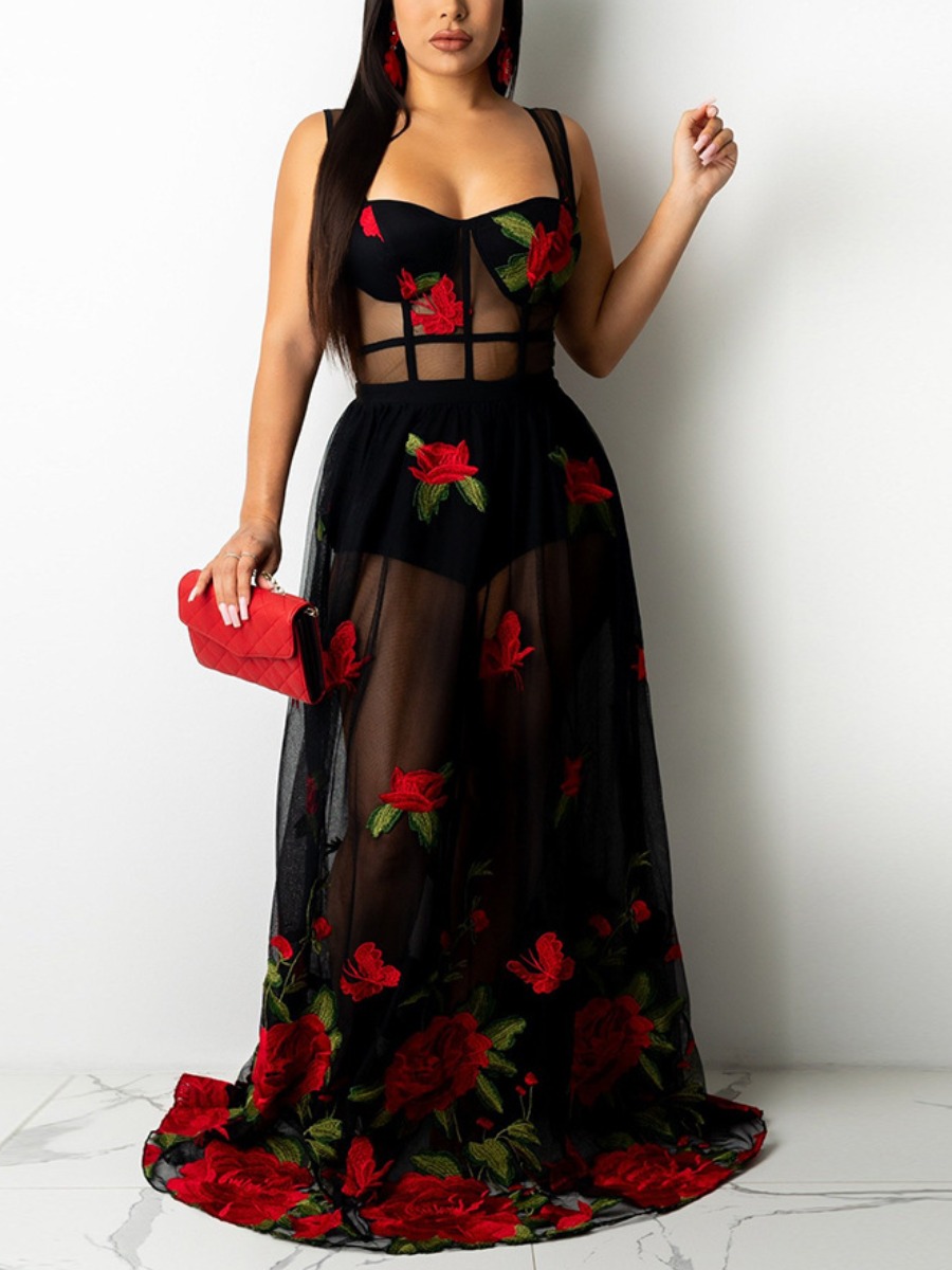 

LW SXY Gauze Embroidered Flower See-through Prom Dress, Black