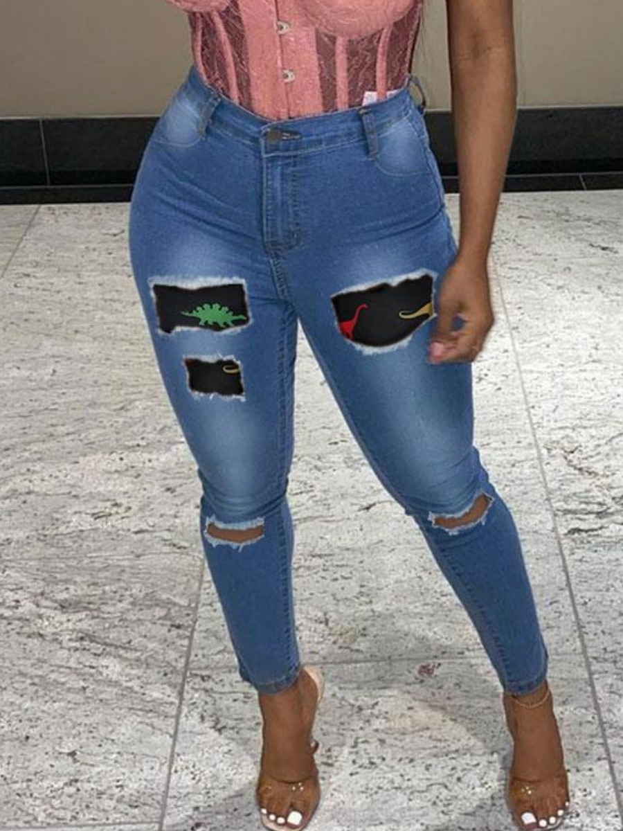 LW Animal Print Ripped Patchwork Jeans, Blue