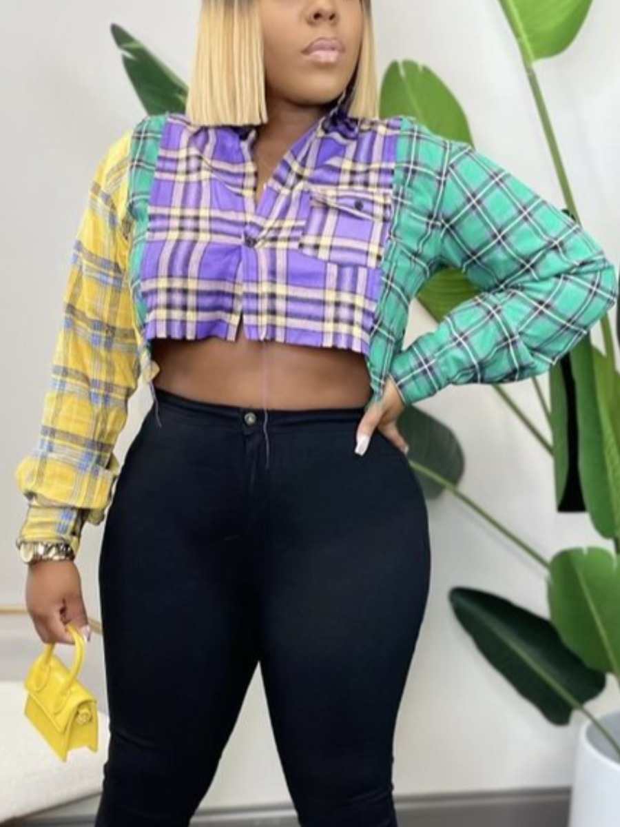 

LW Plaid Patchwork Cropped Blouse, Purple