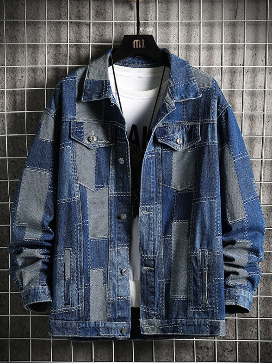 

LW Men Patchwork Button Design Denim Jacket, Blue