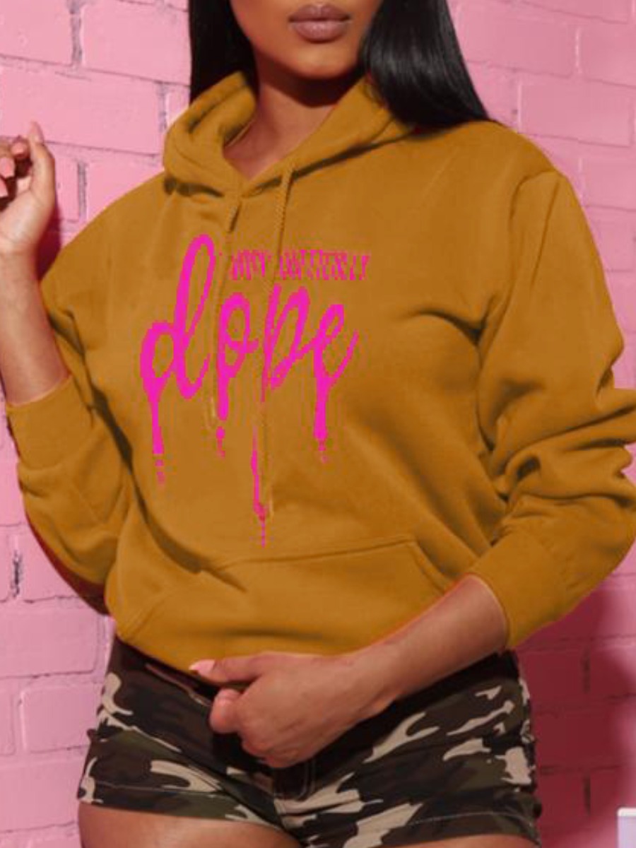 

LW Plus Size Letter Print Pocket Design Hoodie, Khaki