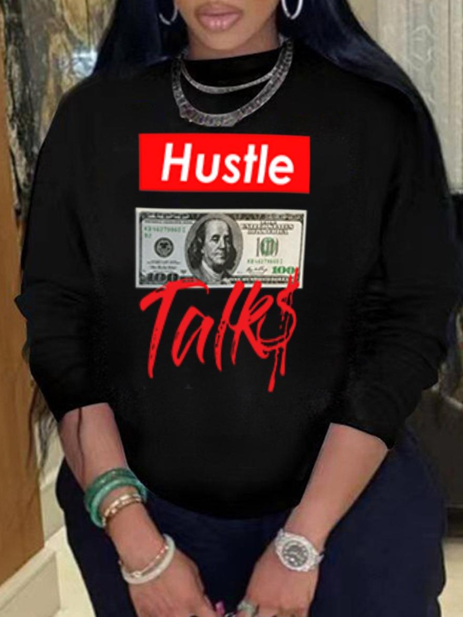 

LW Plus Size Money Letter Print Sweatshirt, Black