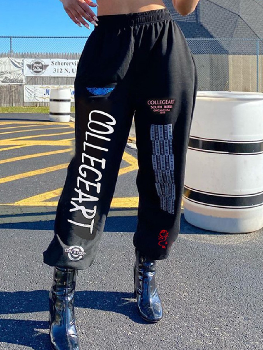 

LW Elastic Waist Letter Print Pants, Black