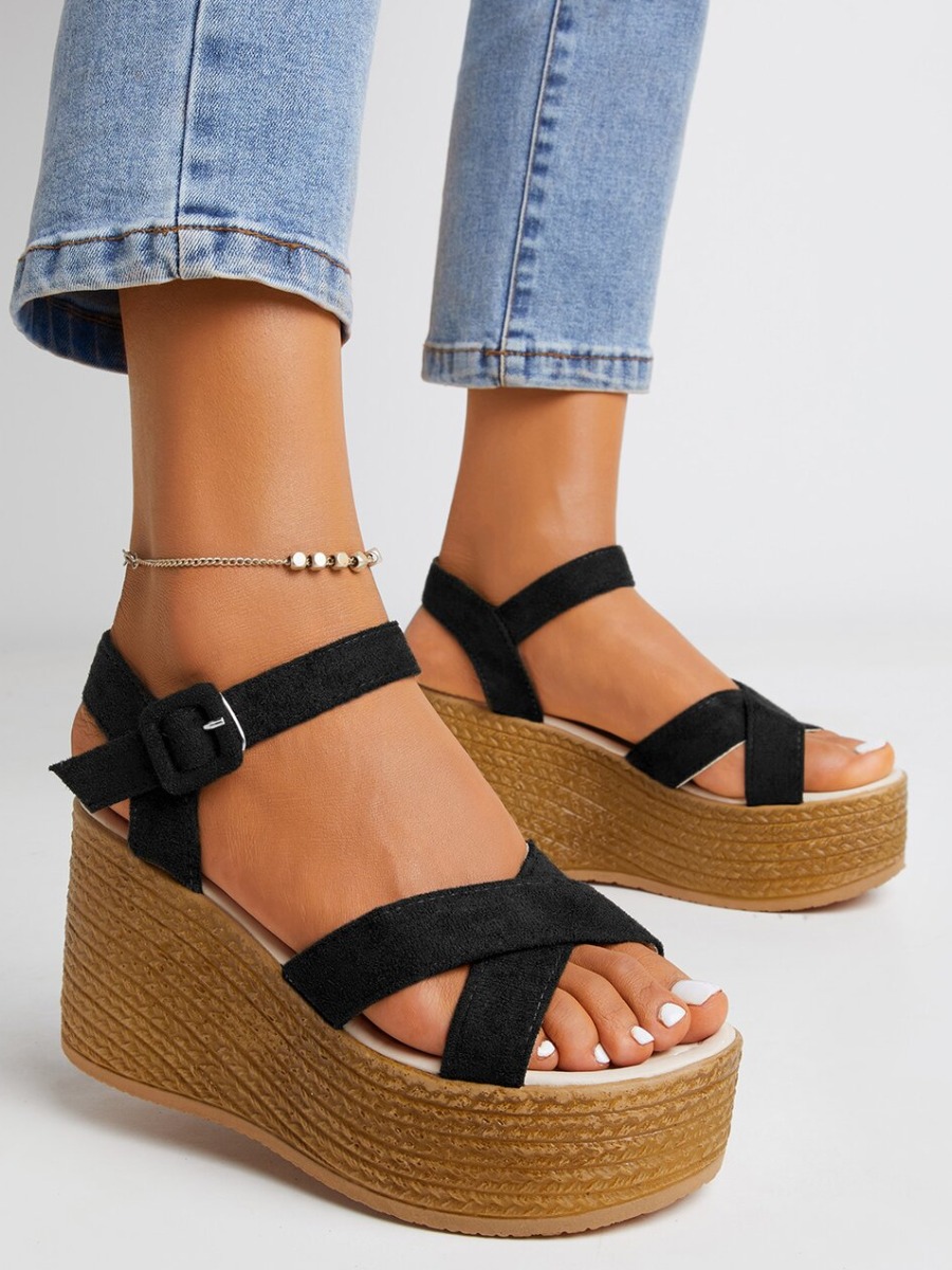 

LW Cross Strap Buckle Platform Shoes, Black
