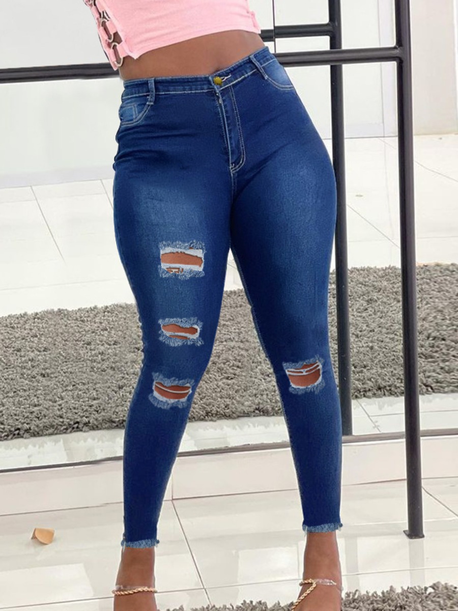 

LW Raw Edge Ripped Solid Skinny Jeans, Deep blue