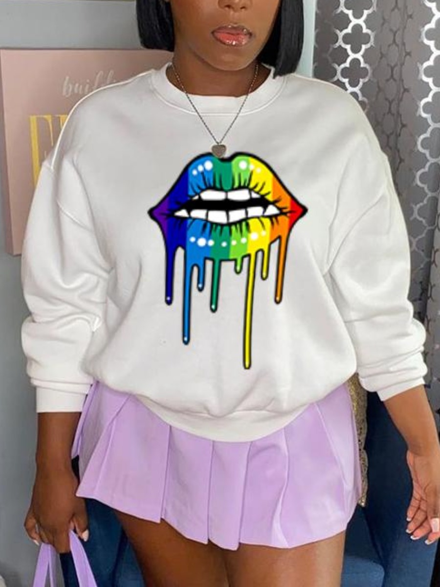 

LW Round Neck Lip Print Sweatshirt, White