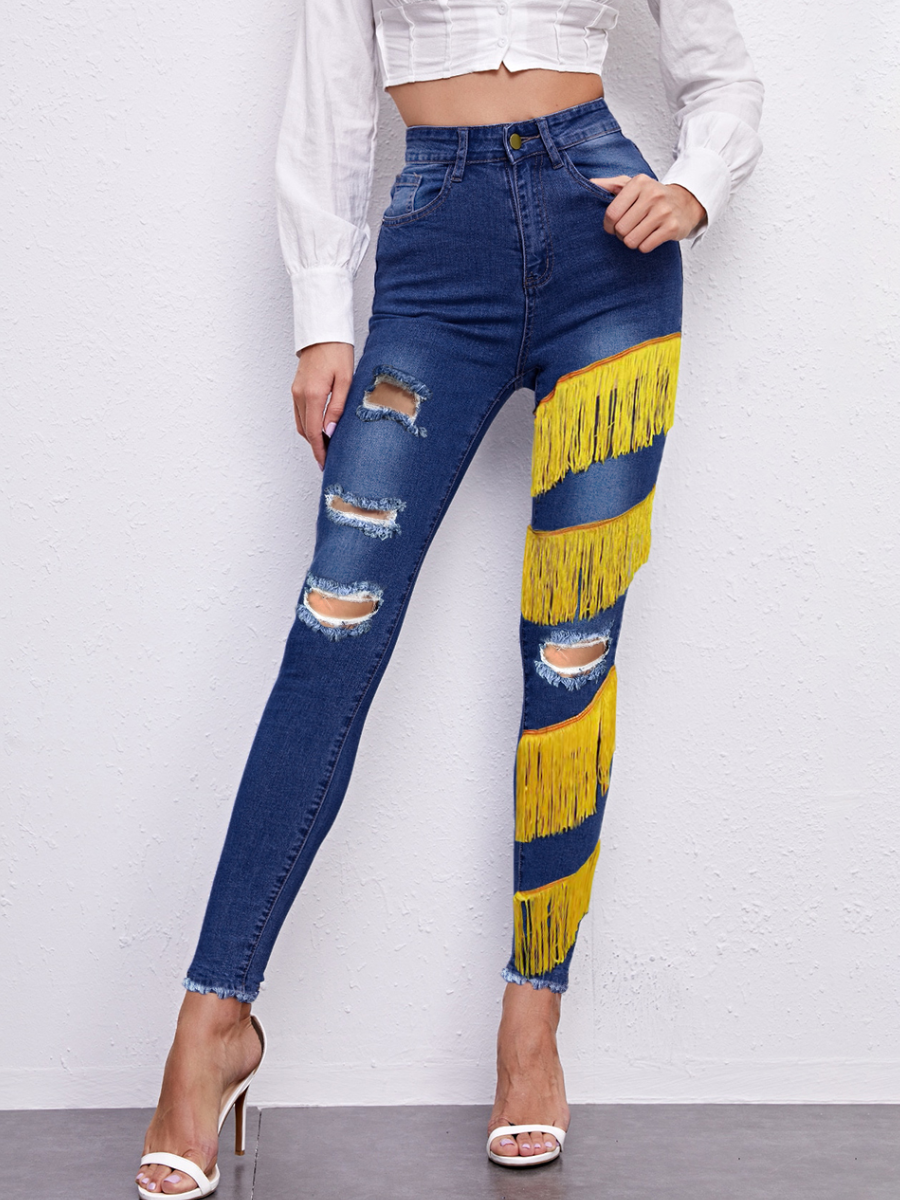 

LW Tassel Design Ripped Skinny Jeans, Deep blue