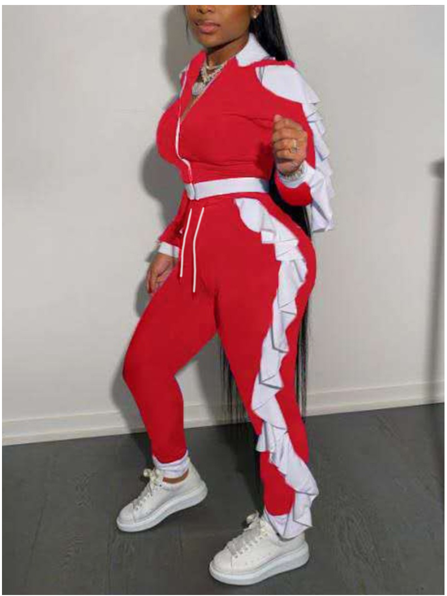 

LW Zipper Ruffle Design Tracksuit Set, Red