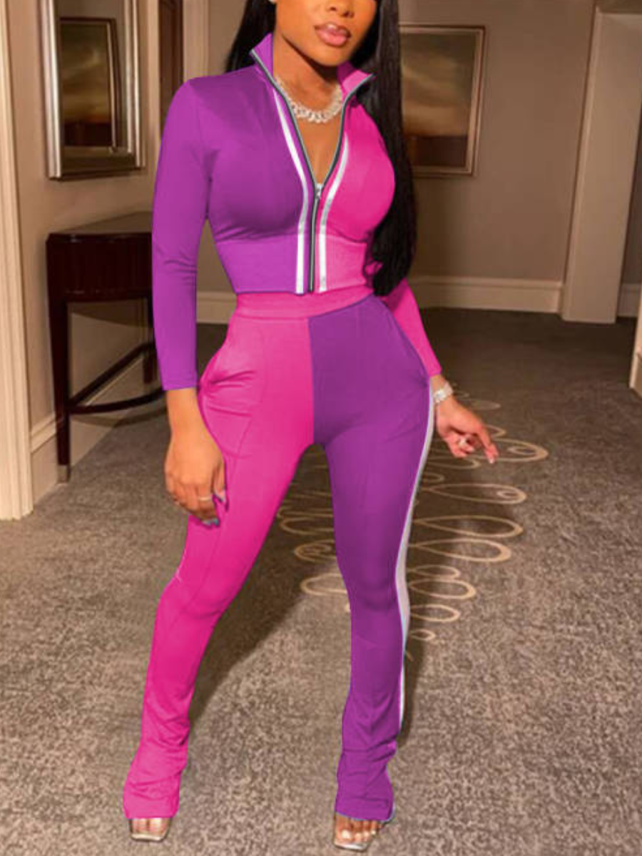 

LW Turndown Collar Zipper Design Patchwork Tracksuit Pants Set, Purple