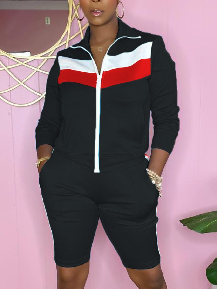 

LW Zipper Pocket Design Striped Shorts Set, Black