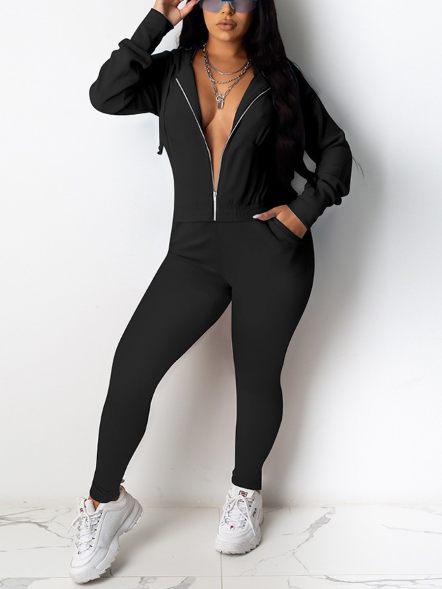 

LW BASICS Cotton Zipper Pocket Design Pants Set, Black