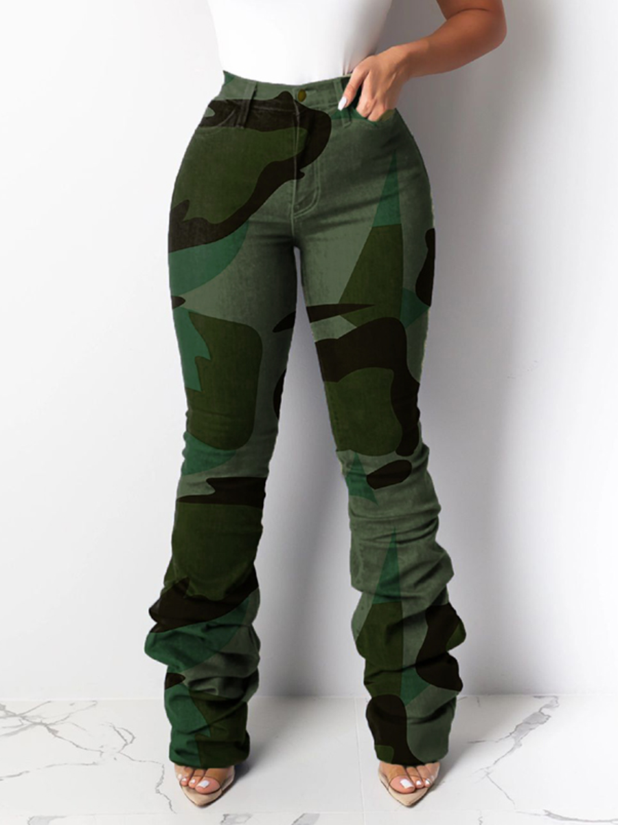 LW Mid Waist Camo Print Stacked Pants