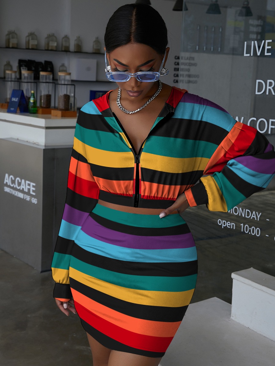 

LW Colorful Stripe Zip Up Skirt Set, Multicolor stripe