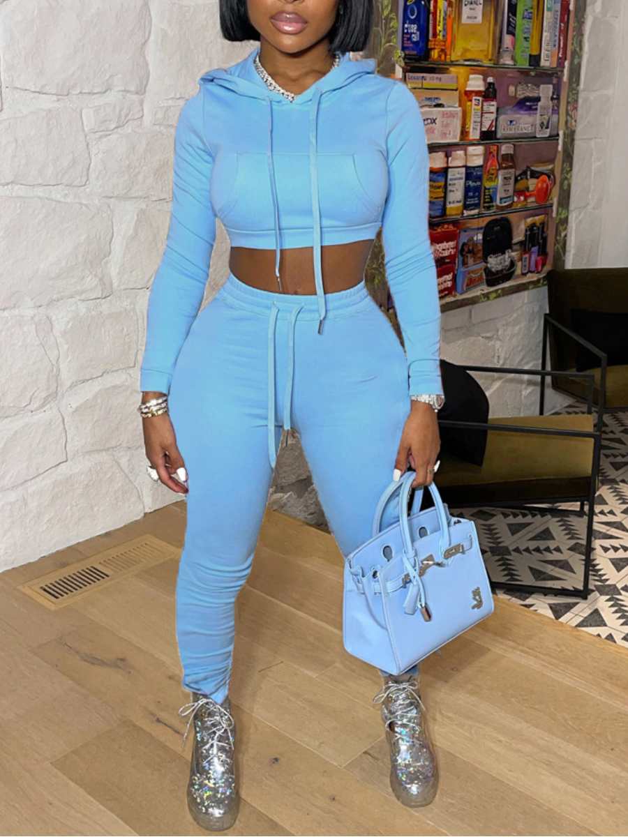 LW Sweat Drawstring Crop Top Tracksuit Set, Baby blue