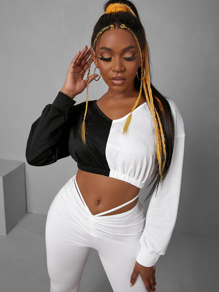 LW COTTON Patchwork  Regular Black And White Sweatshirts&Hoodies