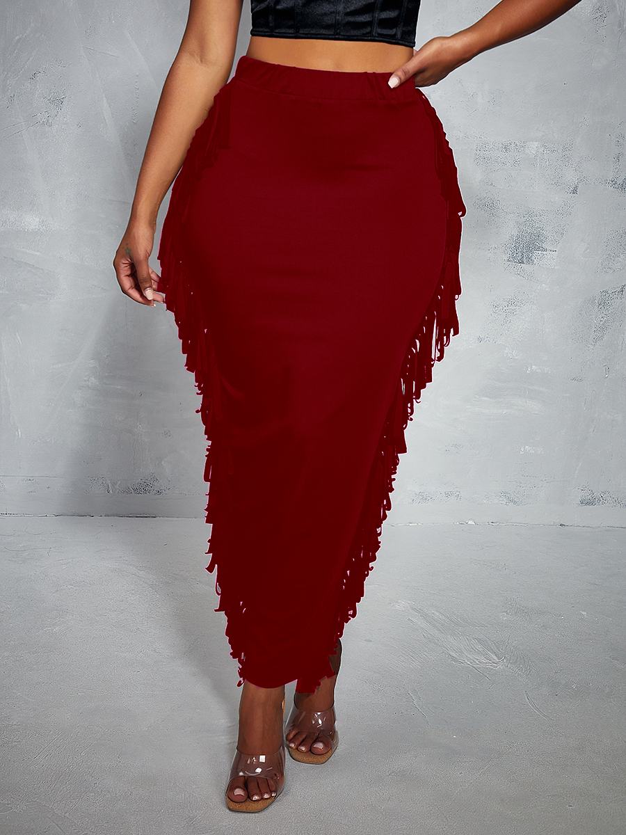 

LW Tassel Design Solid Skinny Skirt, Wine red