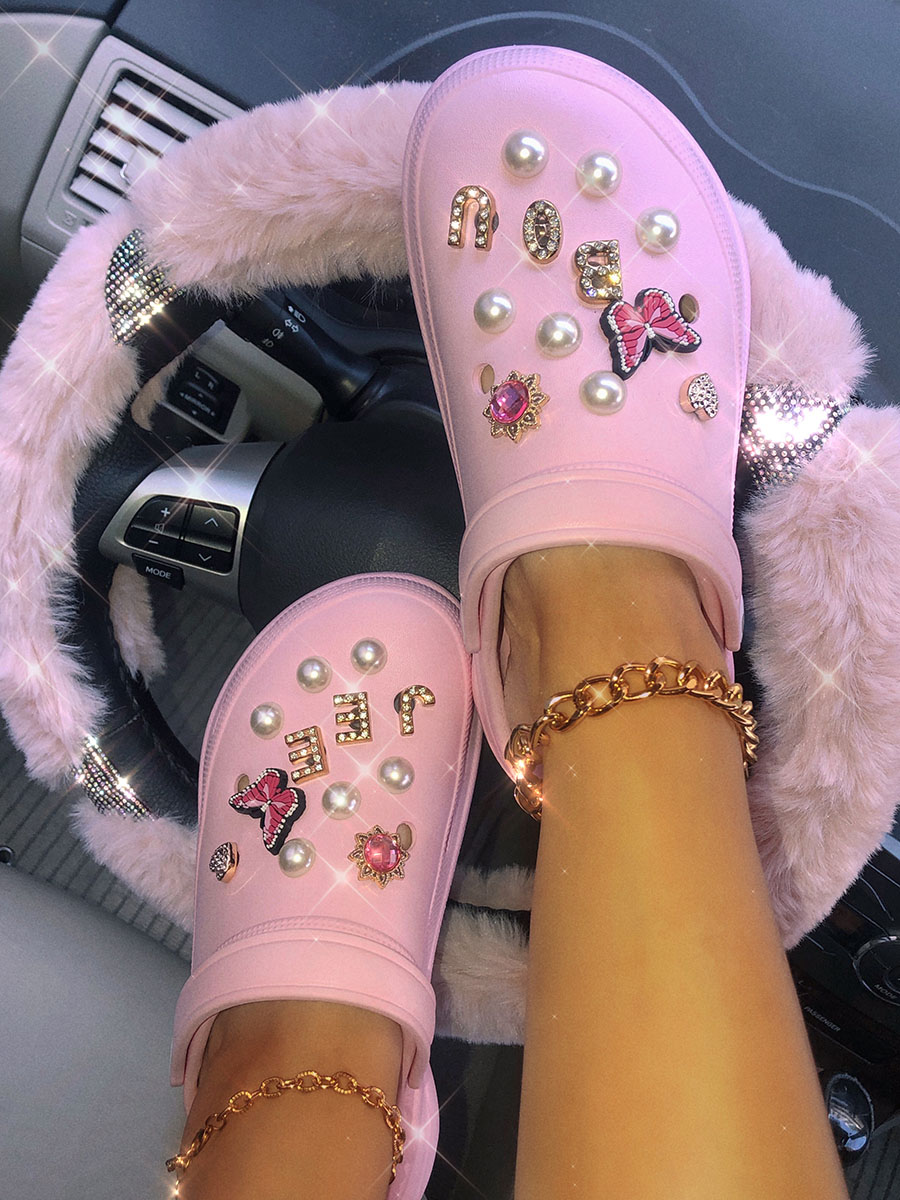 

LW Hollow-out Crystal Butterfly Decor Slippers (DIY), Pink