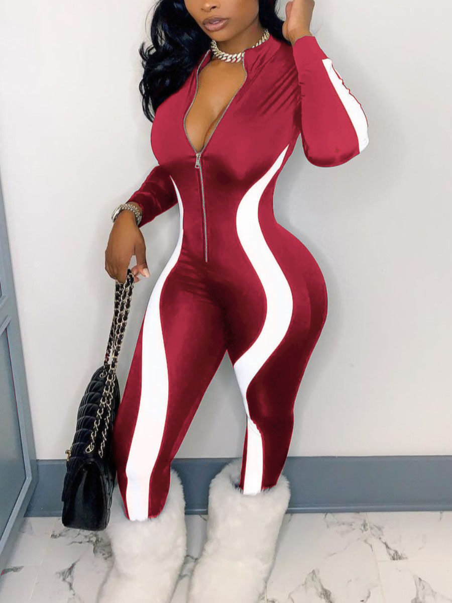

LW Striped Patchwork Zipper Design Jumpsuit, Red